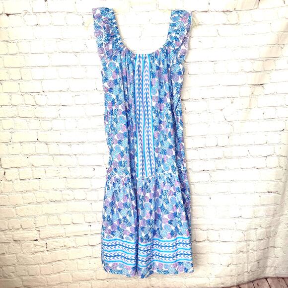 Simply Southern Wms M Blue Pineapple Print Cotton Midi Sun Dress Coastal Preppy - Picture 1 of 12